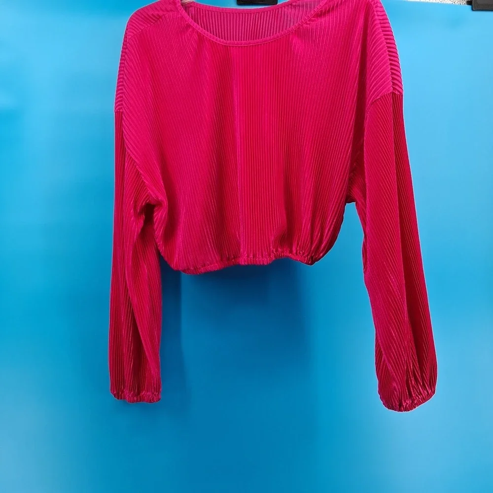 SHEIN Pant Set Womens 6 Magenta Pink Plisse Pleated Crop Top Wide Leg 2‎ Piece